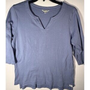 Orvis Women's Light Blue Knit Split Neck 3/4 Sleeve Pima Cotton Blouse L